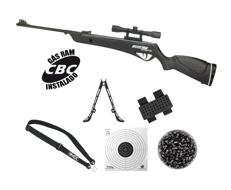 Carabina De Pressão Cbc Jade Pro Nitro Oxidada Preta 5,5mm + Luneta 4x32 + Bipe + Chumbinho