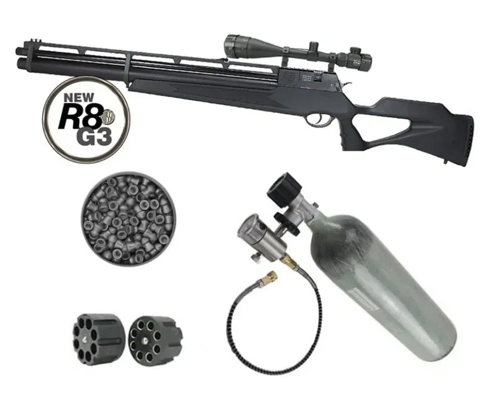 Carabina De Pressão PCP Rossi R8 G3 Black STD 6.35mm 8 Tiros + KIT Scuba 6L + Luneta 6-24X50