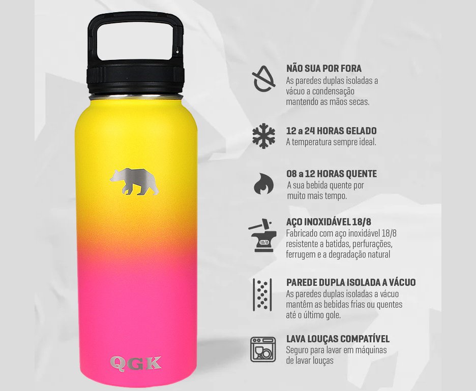 Garrafa Térmica Inox 946ml 32oz Com Tampa Rosa e Amarelo - QGK