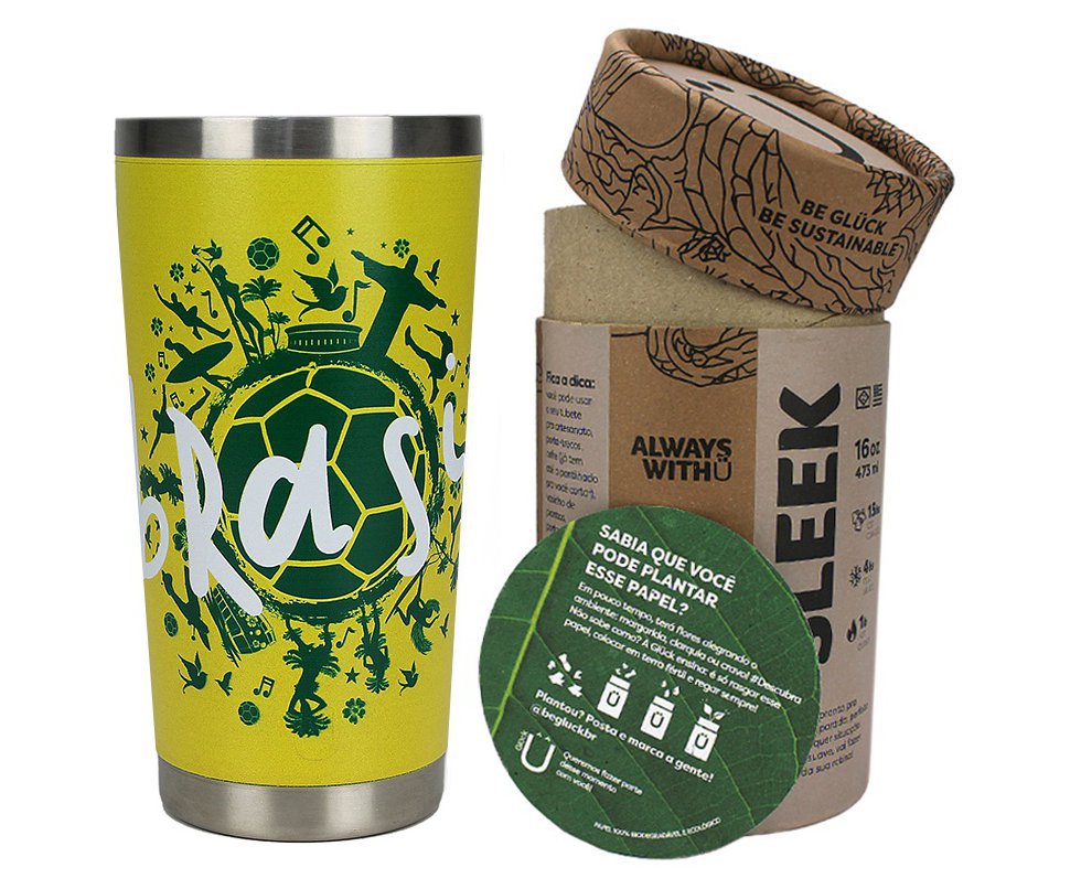 Copo Térmico Gluck Sleek Future Brasil Brasileiro em Aço Inox 473ml Suporta 4h Gelado