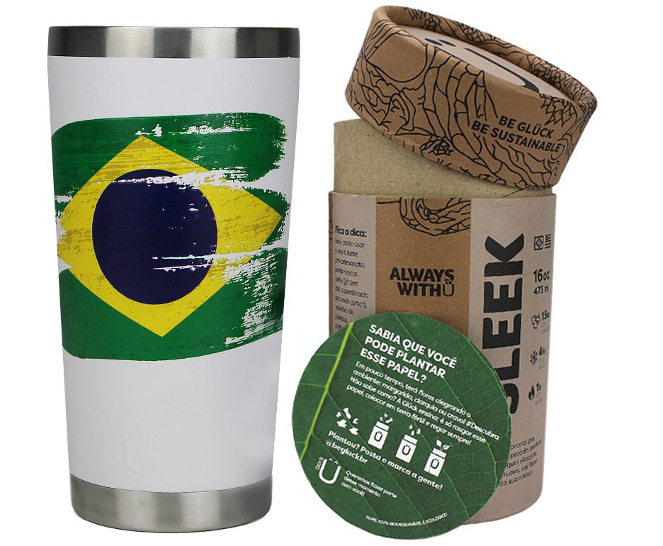 Copo Térmico Gluck Sleek Future Brasil Bandeira em Aço Inox 473ml