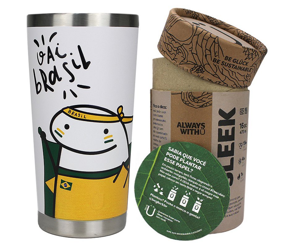 Copo Térmico Gluck Sleek Future Brasil Flork Simpatico em Aço Inox 473ml