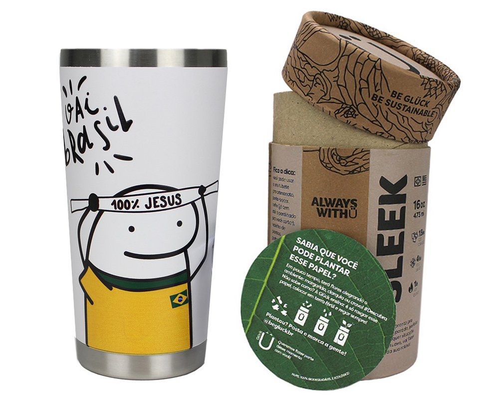 Copo Térmico Gluck Sleek Future Brasil Flork Fiel em Aço Inox 473ml Suporta 4h Gelado