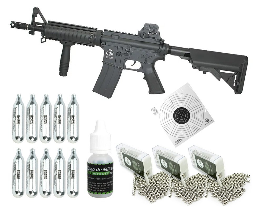 Rifle de Pressão M4 RIS CO2 4,5mm Full Metal Semi Auto Airguns - QGK + KIT BBS e CO2