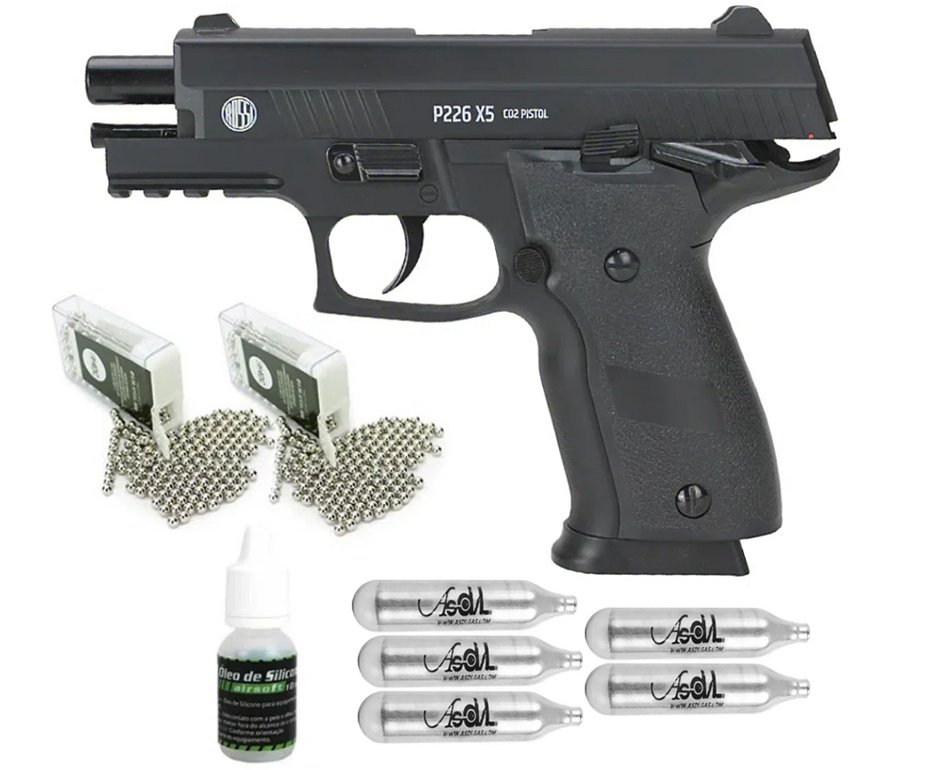 Pistola de Pressão CO2 Sig Sauer 4,5mm P226 X-Five Full Metal Blowback + Co2 + Bbs + Óleo de Silicone