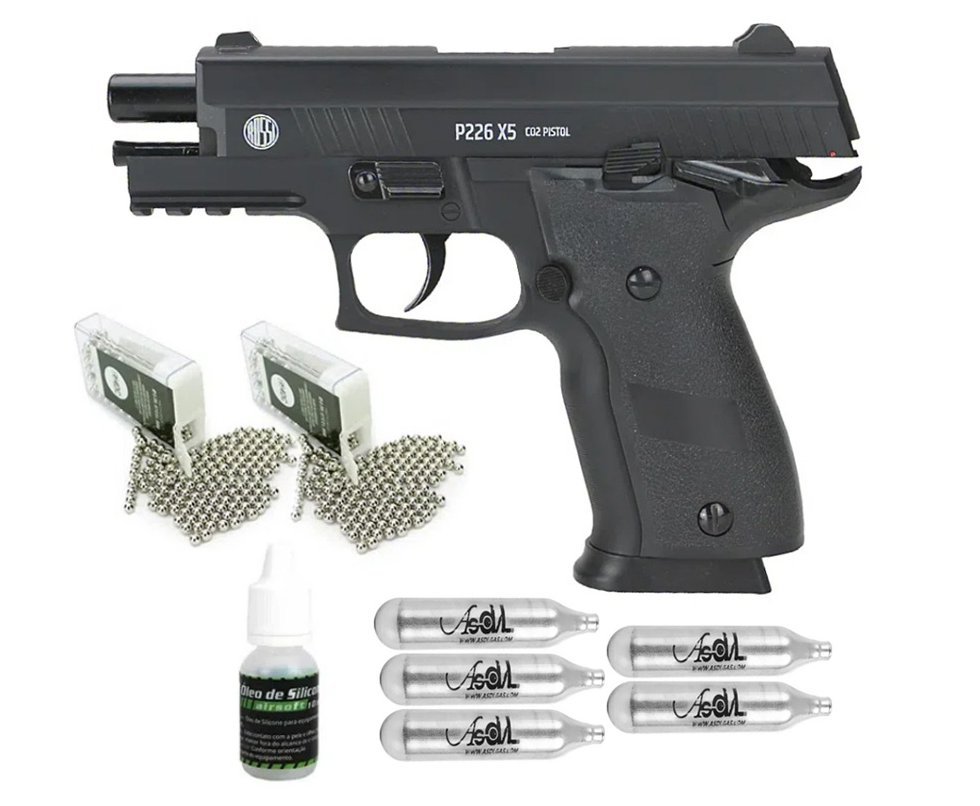 Pistola de Pressão CO2 Sig Sauer 4,5mm P226 X-Five Full Metal Blowback + Co2 + Bbs + Óleo de Silicone
