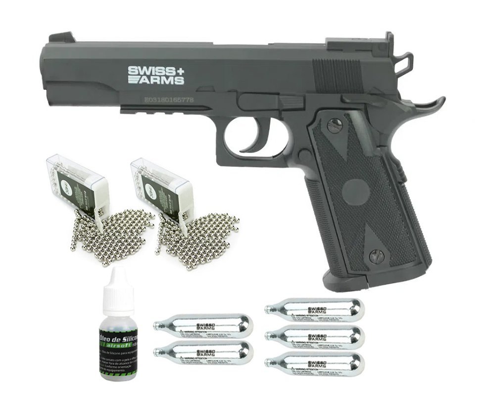Pistola De Pressão Co2 1911 Match 20 Tiros 4,5mm Swiss Arms + Co2 + Esferas de Aço + Óleo de Silicone