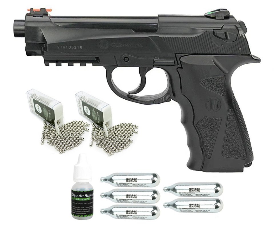 Pistola De Pressão Gas Co2 C12 Polímero Esferas Aço 4,5mm Win Gun + Co2 + Esferas de Aço + Óleo de silicone