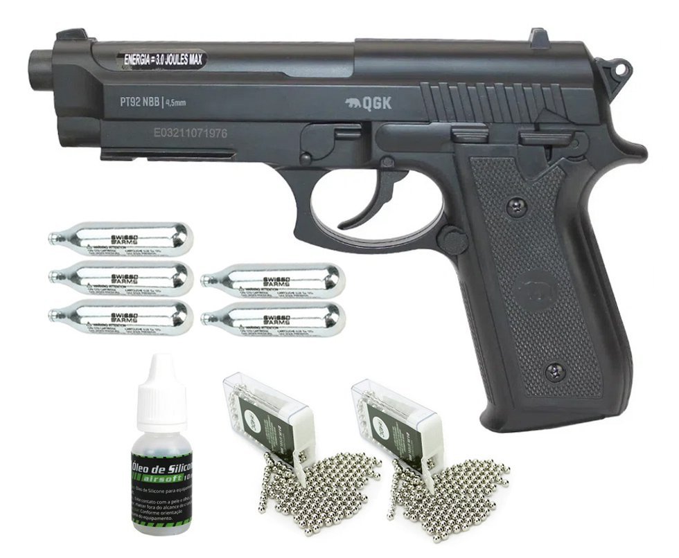 Pistola de Pressão Gás Co2 PT92 4,5mm Power 3 Joules QGK + CO2 + Esferas de Aço + Óleo de Silicone