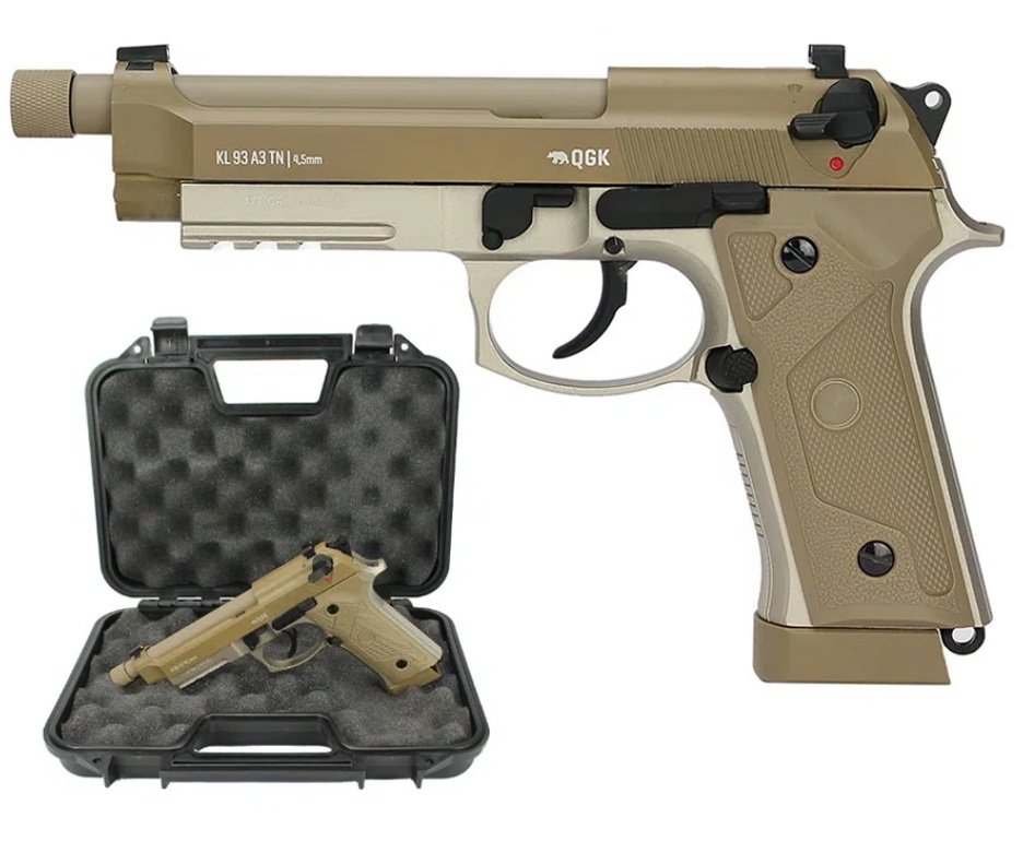 Pistola de Pressão CO2 KL93 Beretta M9 A3 TAN Full Metal Blowback 4,5mm + Co2 + Esferas de Aço + Óleo de Silicone