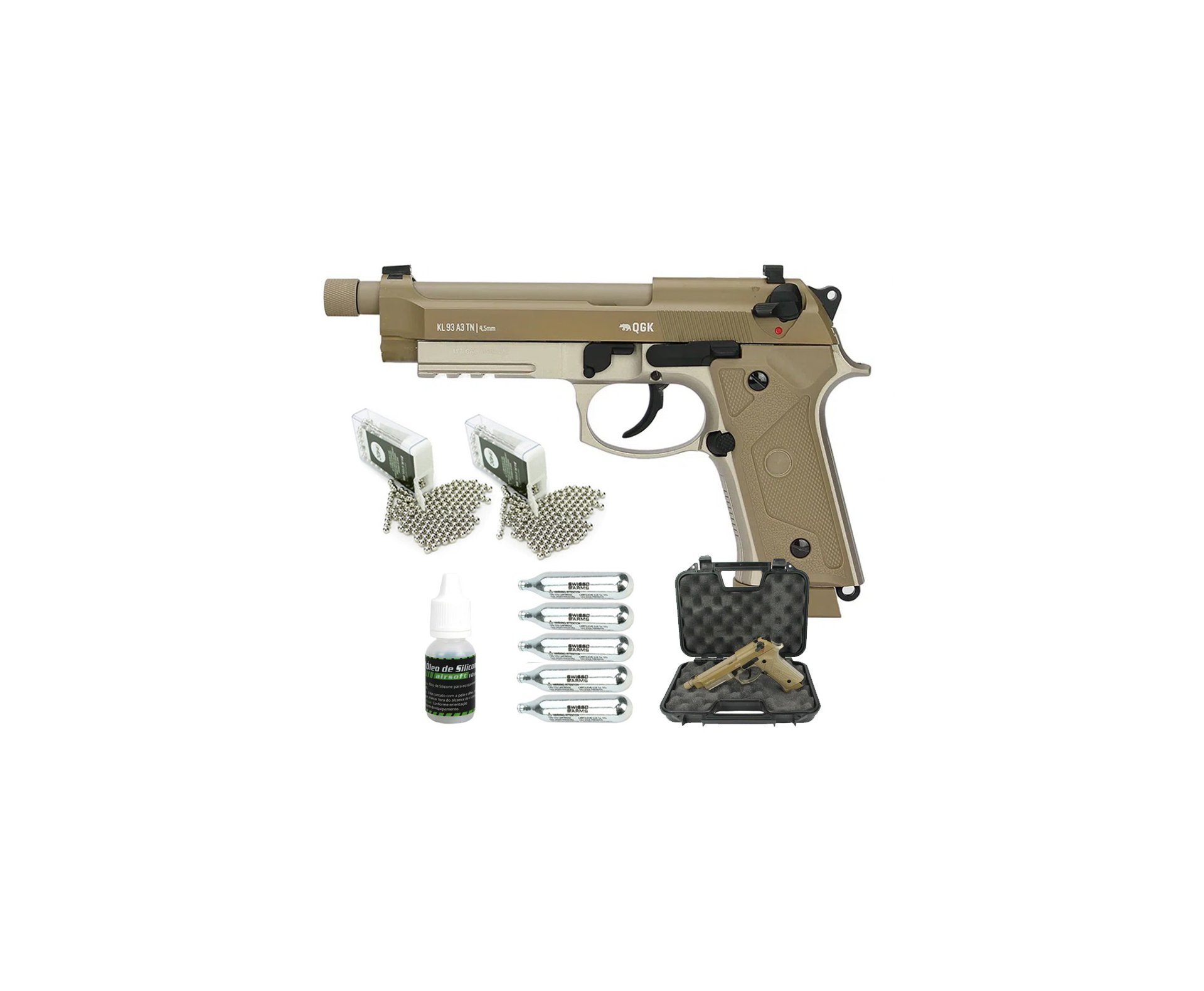 Pistola de Pressão CO2 KL93 Beretta M9 A3 TAN Full Metal Blowback 4,5mm + Co2 + Esferas de Aço + Óleo de Silicone