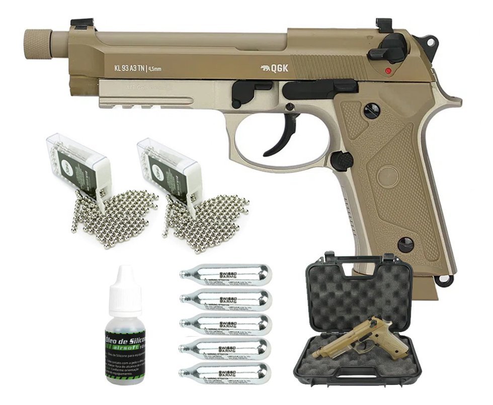 Pistola de Pressão CO2 KL93 Beretta M9 A3 TAN Full Metal Blowback 4,5mm + Co2 + Esferas de Aço + Óleo de Silicone