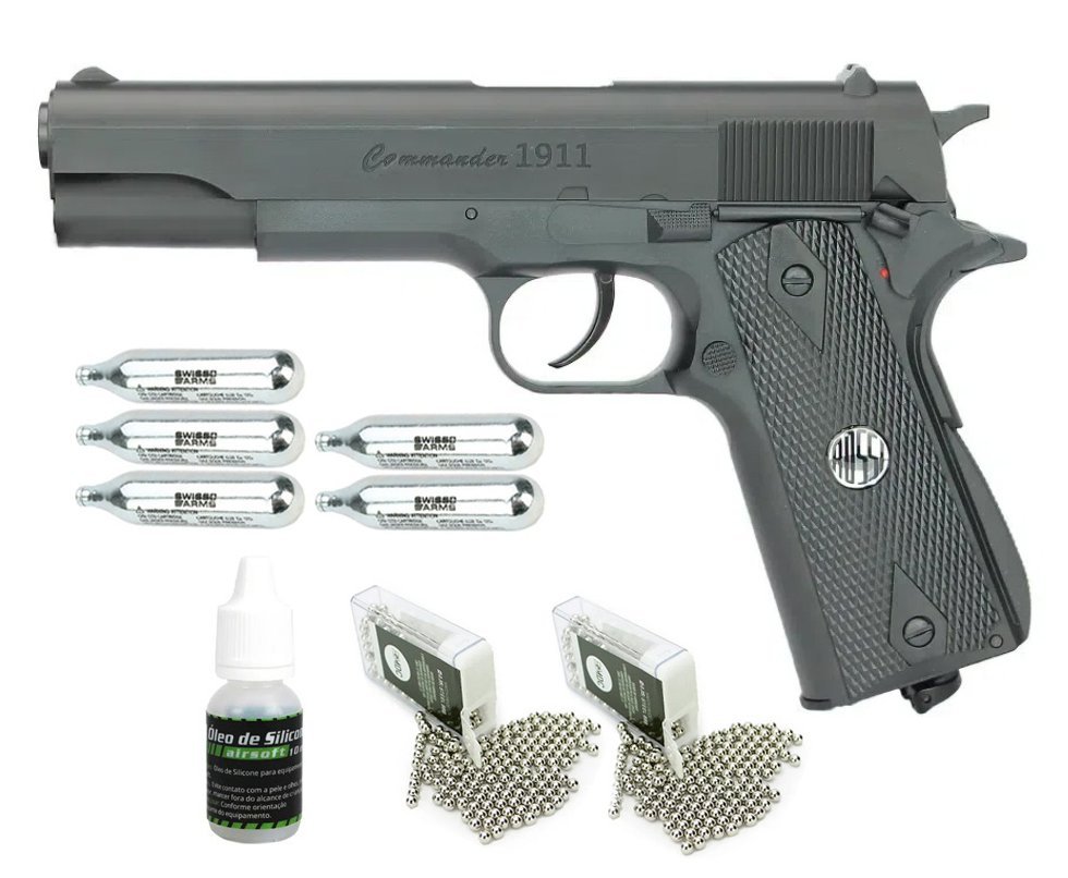 Pistola De Pressão Commander 1911 W125b Co2 Cal 4,5mm Win Gun Rossi + Co2 + Esferas de Aço + Óleo de Silicone