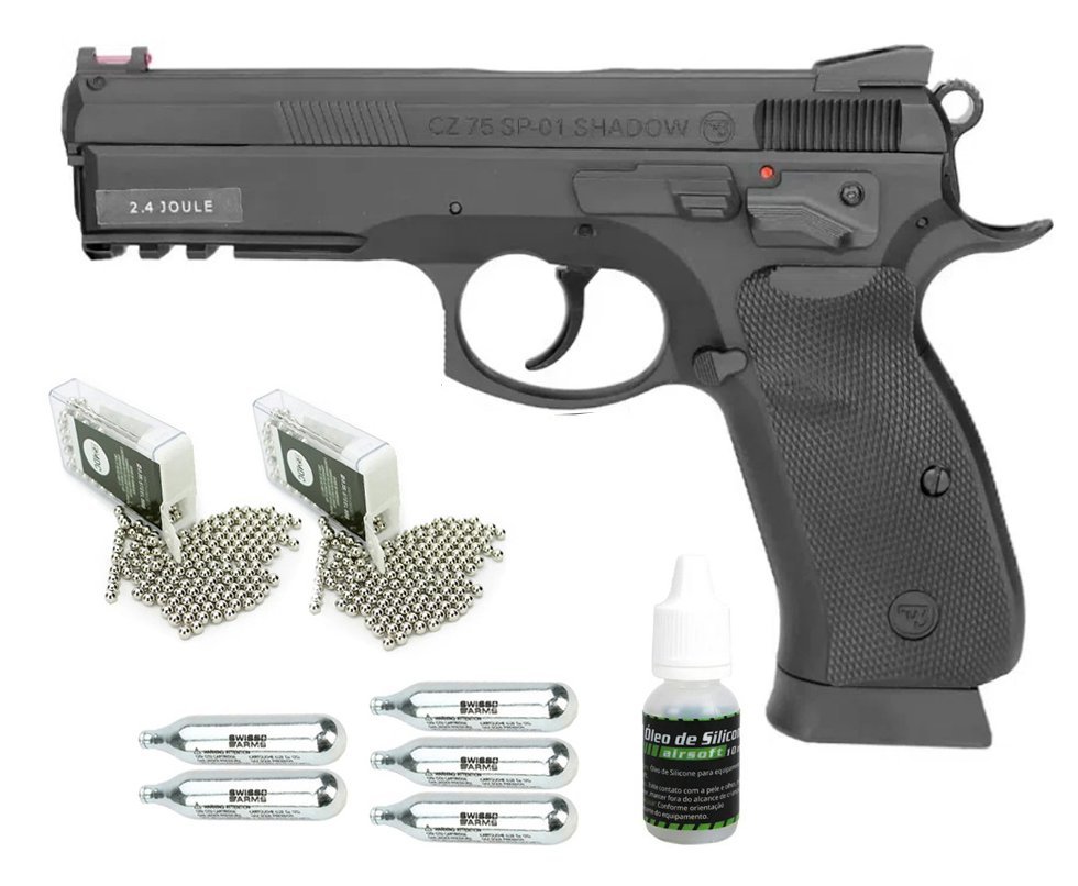 Pistola De Pressão Gás CO2 CZ 75 SP-01 Shadow 4,5mm 2,4j Licenciada ASG + Co2 + Bbs Aço + Óleo de Silicone