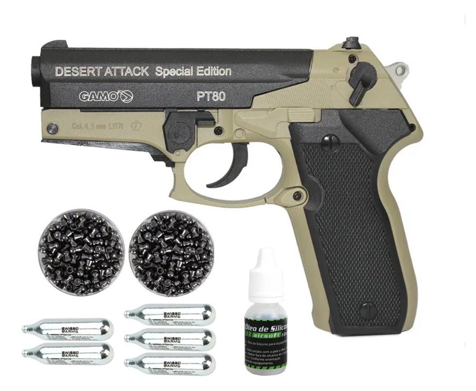 Pistola De Co2 Gamo Pt-80 Desert Attack Se 08 Tiros 4,5mm + Co2 + Chumbinho + Óleo de Silicone