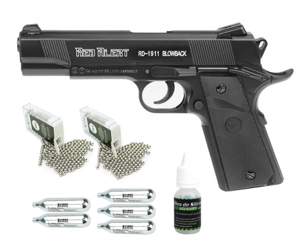 Pistola De Pressão A Gás Co2 Rd-1911 Blowback 4.5mm - Red Alert - Gamo + Co2 + Esferas de Aço + Óleo de Silicone
