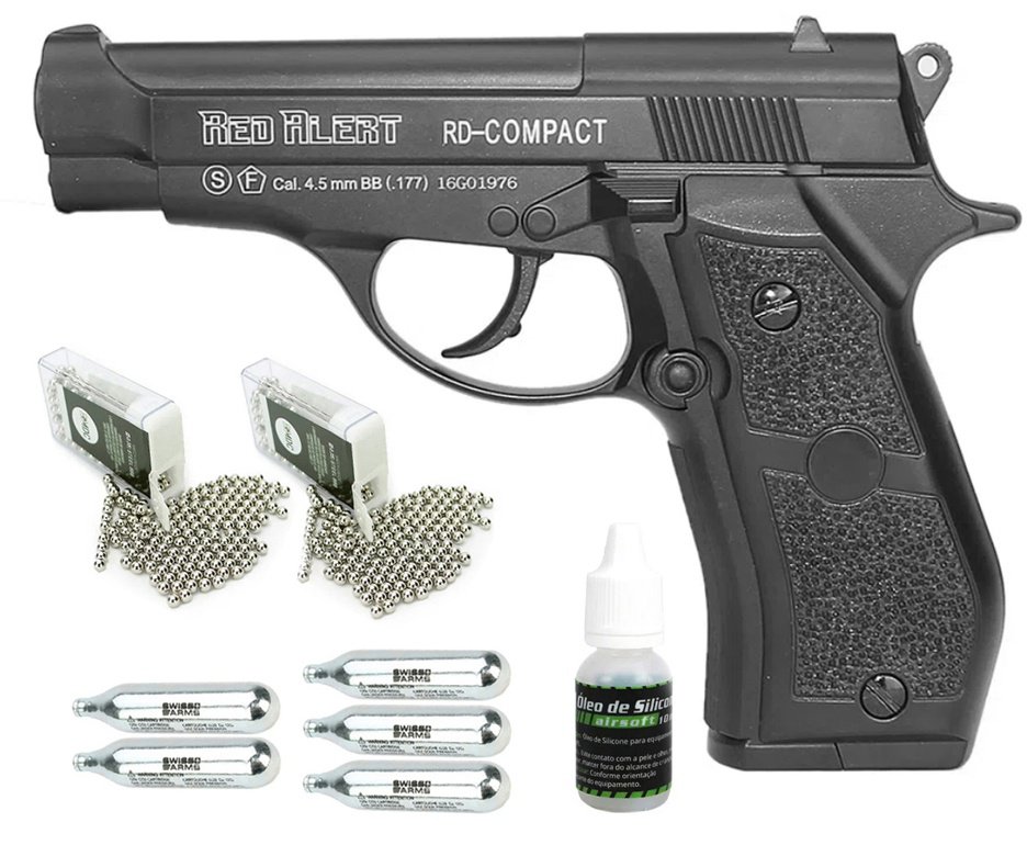 Pistola De Pressão A Gás Co2 Rd-compact Full Metal Black 4.5mm - Red Alert + Co2 + Esferas de Aço + Óleo de Silicone