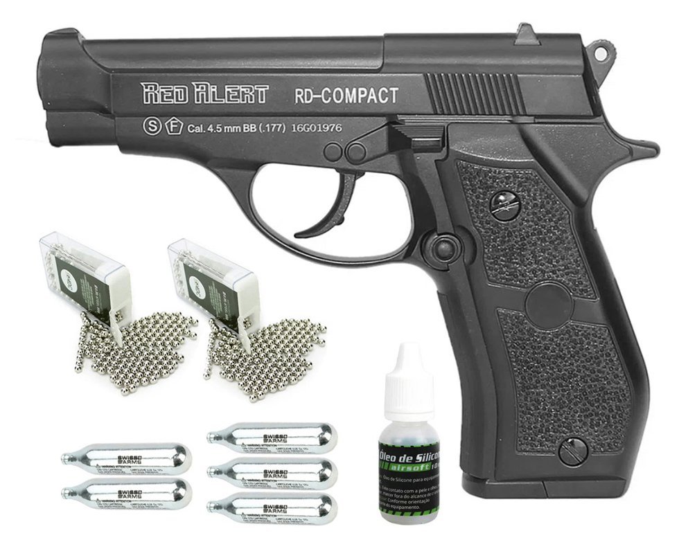 Pistola De Pressão A Gás Co2 Rd-compact Full Metal Black 4.5mm - Red Alert + Co2 + Esferas de Aço + Óleo de Silicone