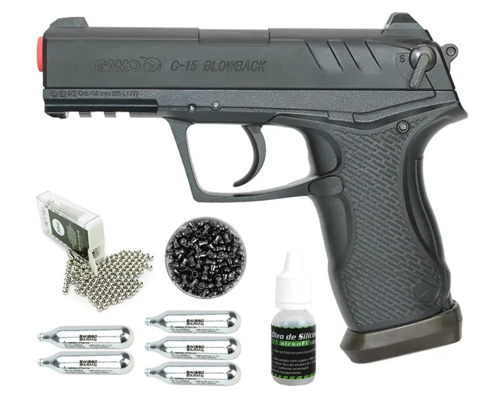 Pistola De Co2 Gamo C15- Blowback Slide Metal Cal 4,5mm + Co2 + Chumbinho + Esferas de aço + Óleo de Silicone