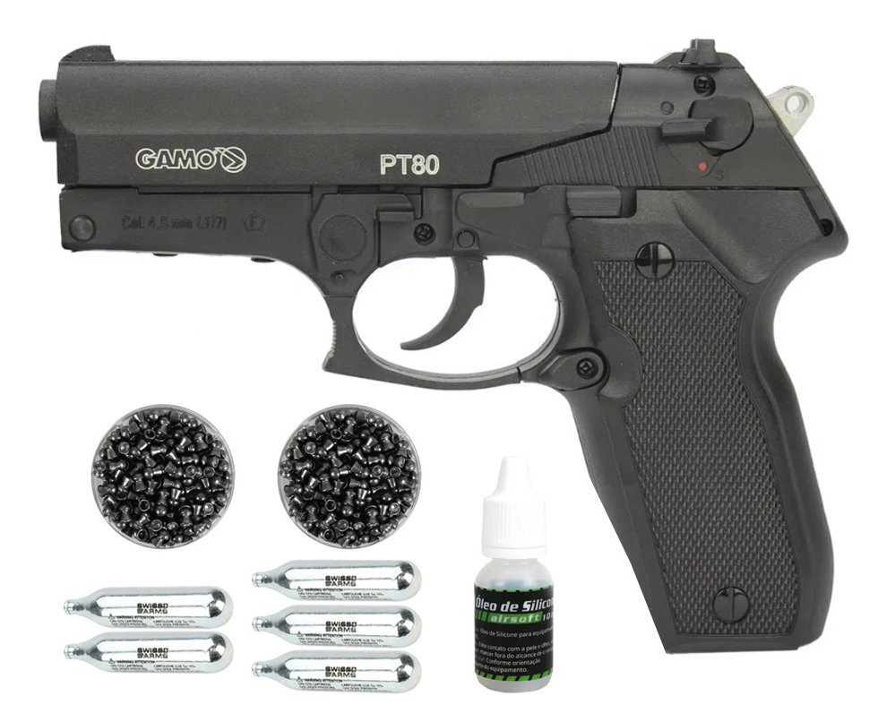 Pistola De Pressão Co2 Gamo Pt-80 Slide Metal 8 Tiros 4,5mm + Co2 + Chumbinho + Óleo de Silicone
