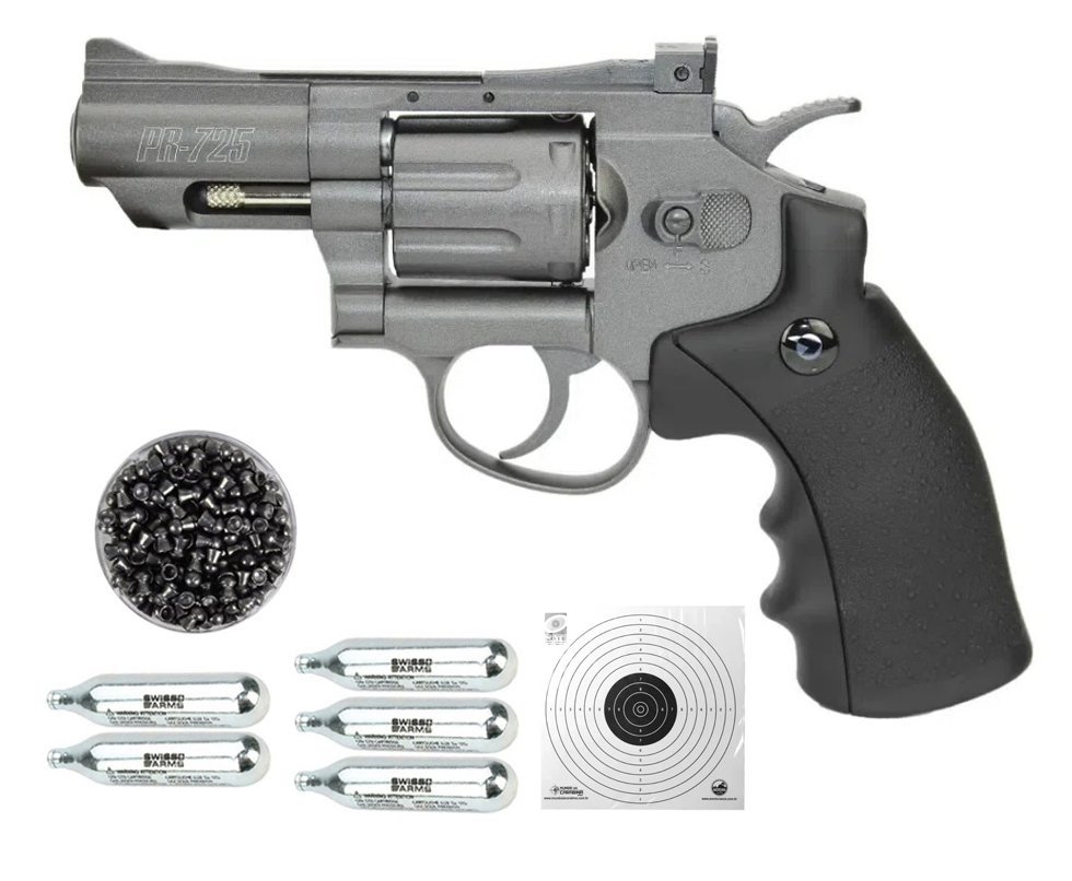 Revólver De Pressão Co2 Gamo 8 Tiros Pr-725 Full Metal 2,5" Chumbinho 4,5mm + Cilindro de Co2 + Chumbinho + Alvos
