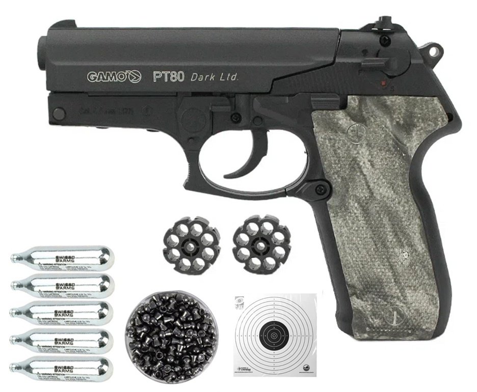 Pistola de Pressão CO2 PT-80 Dark Ltd 8 tiros 4.5mm Gamo + Co2 + Chumbinho + Alvos