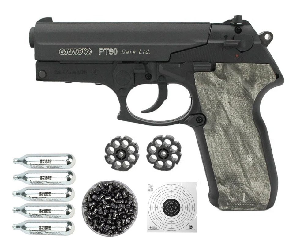 Pistola de Pressão CO2 PT-80 Dark Ltd 8 tiros 4.5mm Gamo + Co2 + Chumbinho + Alvos