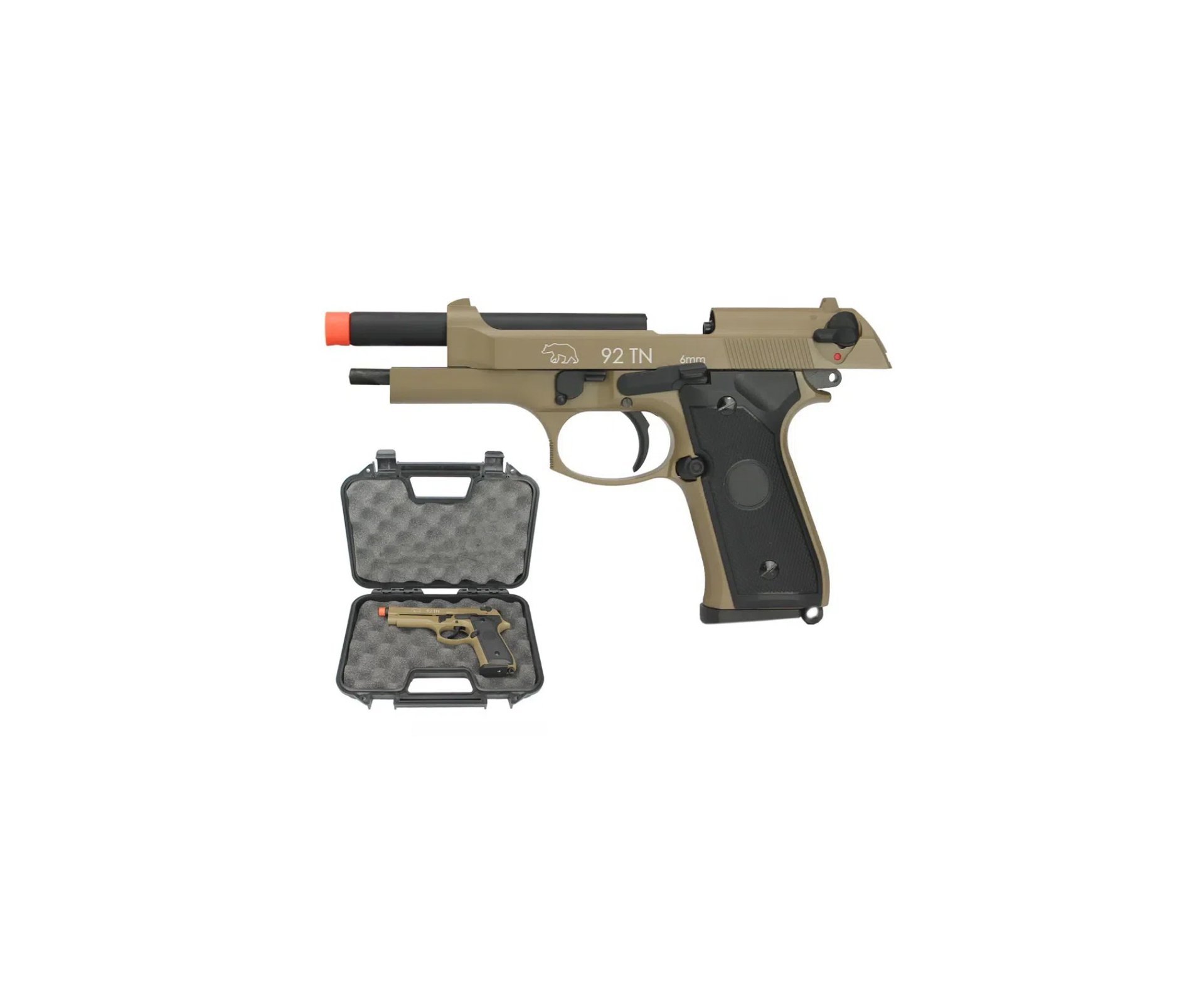 Pistola de Airsoft Green Gas M92 TAN Full Metal Blowback 6mm + Case - QGK + Cilindro Green Gas + Munição