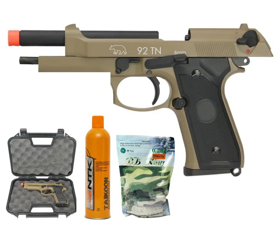 Pistola de Airsoft Green Gas M92 TAN Full Metal Blowback 6mm + Case - QGK + Cilindro Green Gas + Munição