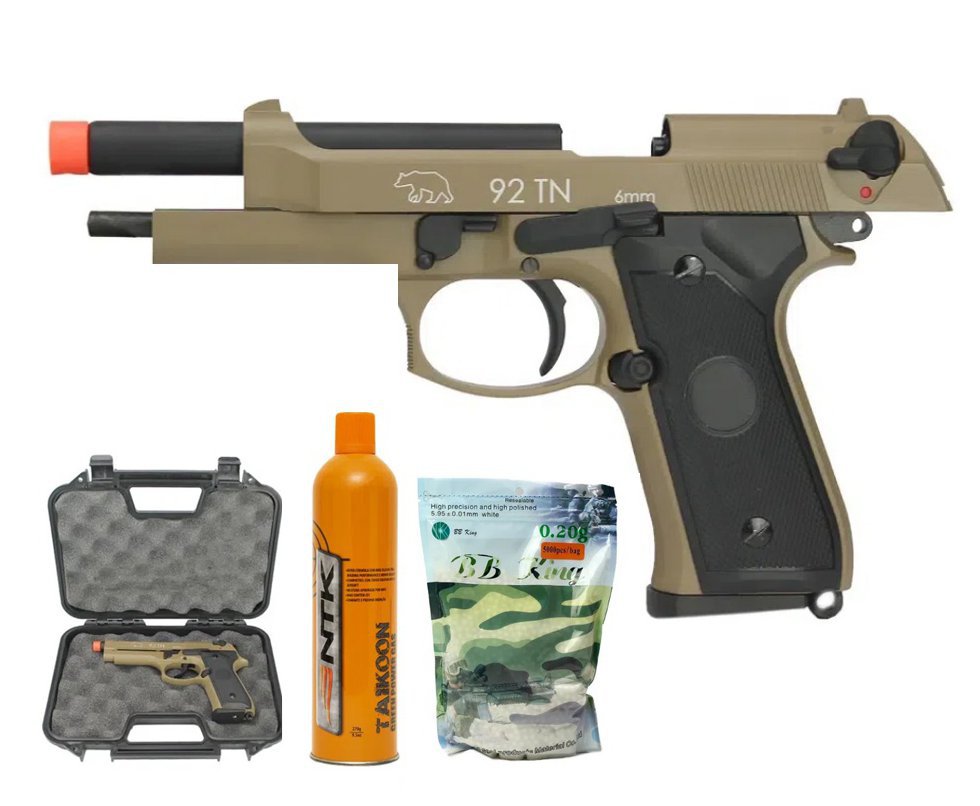 Pistola de Airsoft Green Gas M92 TAN Full Metal Blowback 6mm + Case - QGK + Cilindro Green Gas + Munição