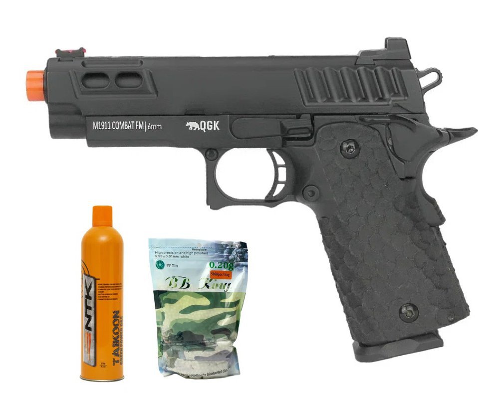 Pistola de Airsoft GBB Green Gas M1911 Combat Full Metal Blowback 6mm QGK + Green gas + Munição
