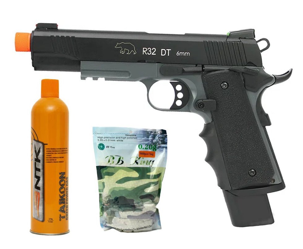Pistola de Airsoft GBB R32 1911 Dual Tone Blowback Full Metal 6mm - Army Armament + Green Gas + Pacote de Esferas