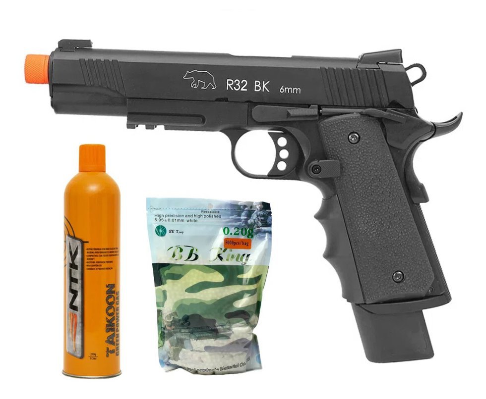 Pistola de Airsoft Green Gás GBB R32 1911 Nightstorm Full Metal 6mm Army Armament + Green Gas + Pacote de BBs