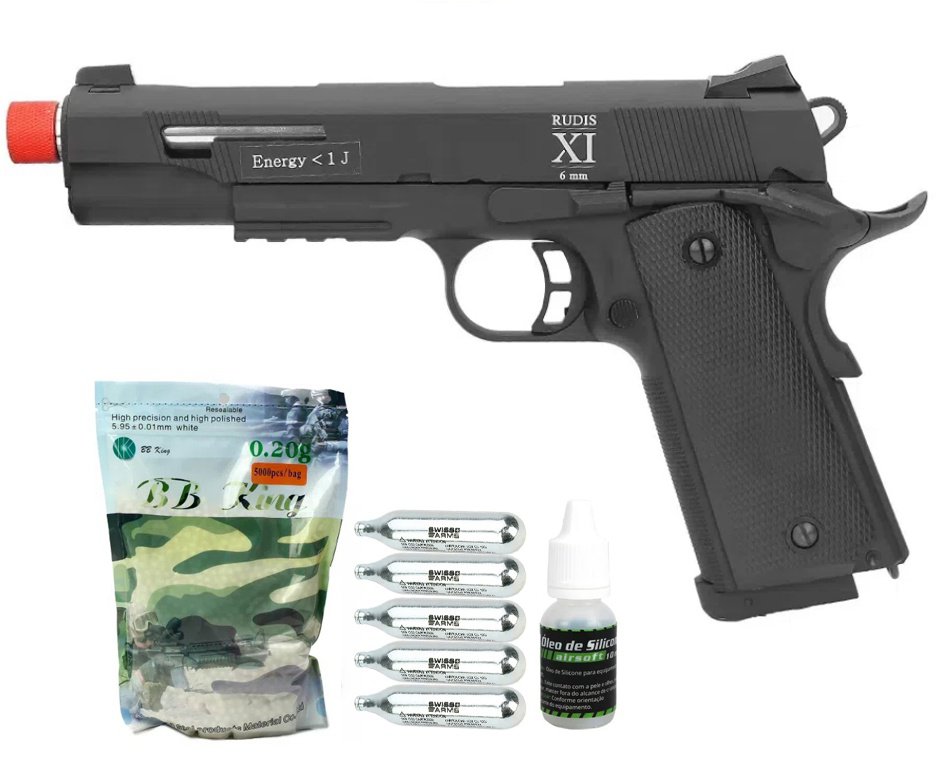 Pistola De Airsoft Co2 Secutor Rudis Xi Full Metal Com Blowback 6mm + Co2 + BBs + Óleo de Silicone