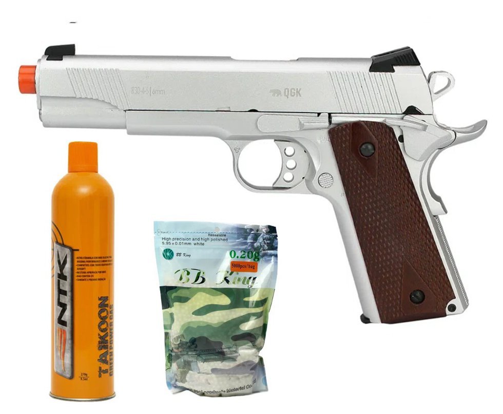 Pistola de Airsoft GBB Green Gas M1911 V12 SB Full Metal Blowback 6mm QGK + Green Gas+ BBs