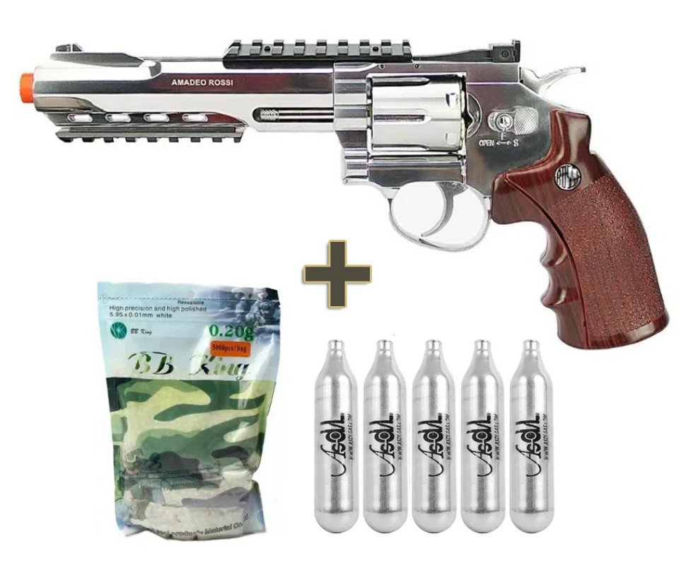 Revólver de Airsoft CO2 W702S 6" 6 Tiros Niq Full Metal 6mm Rossi WinGun + Co2 + BBs + Óleo de Silicone