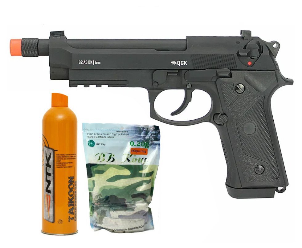 Pistola de Airsoft GBB M92 Black Full Metal Blowback 6mm QGK + Cilindro Green gas + Esferas bbs