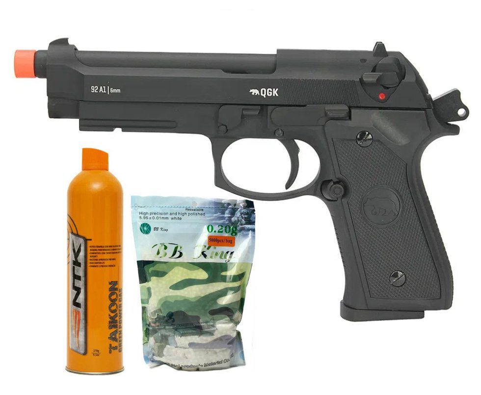Pistola de Airsoft Green Gas Beretta 92 A1 Full Metal com Blowback 6,0mm QGK + Case Rigida + Green Gas + BBs