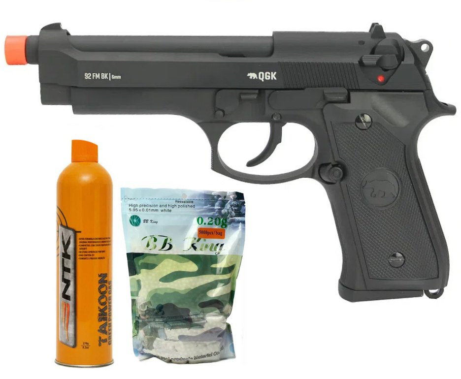 Pistola de Airsoft Gas GBB Green gás M92 Blowback Full Metal 6mm QGK + Case Rígido + Green Gas + BBs