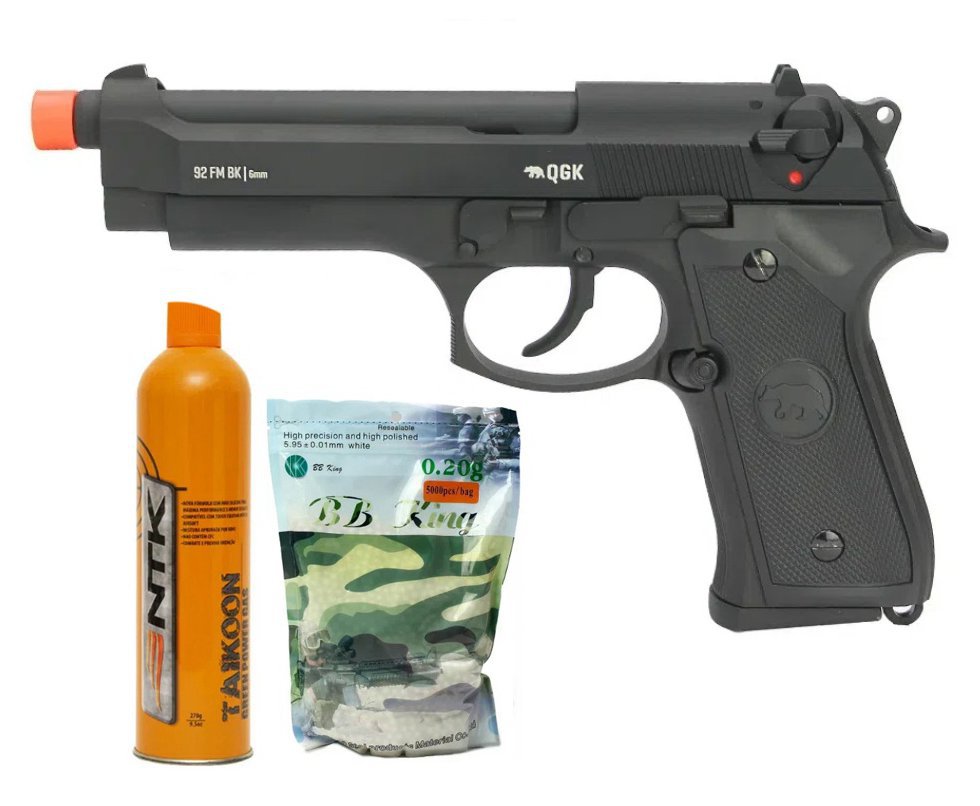 Pistola de Airsoft Gas GBB Green gás M92 Blowback Full Metal 6mm QGK + Case Rígido + Green Gas + BBs