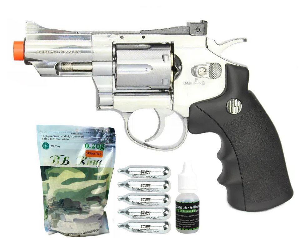 Revólver De Airsoft Wingun Co2 Full Metal Rossi Niq. 708s 2,5" 6mm + Co2 + BBS + Óleo de Silicone