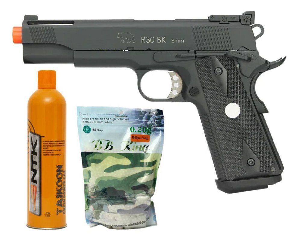 Pistola De Airsoft Gas Gbb Green Gás R30 M1911 V12 Black Full Metal Blowback 6mm - Army Armament + Cilindro Gbb Green Gas + BBs
