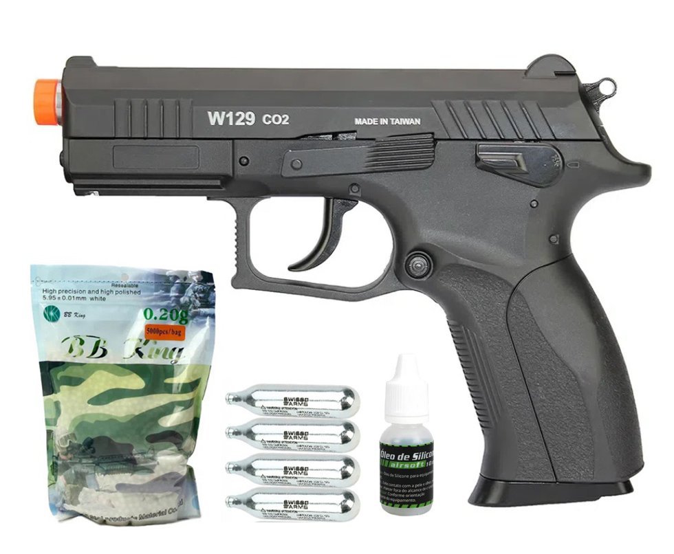 Pistola De Airsoft Co2 Blowback Cz300 W129 Slide Metal 6,0mm Wingun + Cilindro CO2 + Esfera BBS + Oleo de Silicone