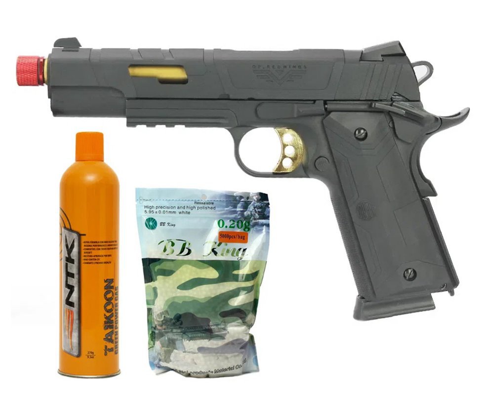 Pistola De Airsoft Redwings 1911 Rossi Gold Green Gas Com Blowback 6mm + Cilindro Green Gas + 4000 BBs