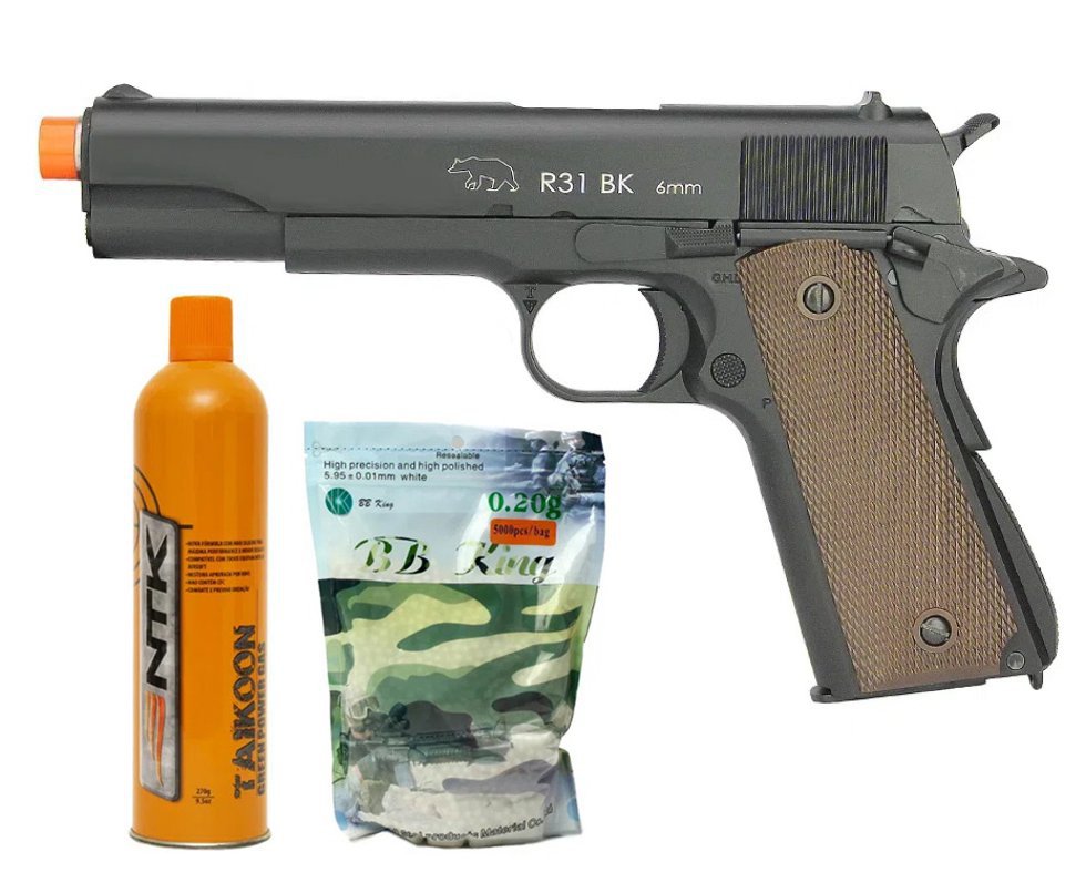 Pistola De Airsoft Gbb Green Gas R31 M1911 A1 Black Full Metal Blowback 6mm Army Armament + Cilindro Green Gas + bbs