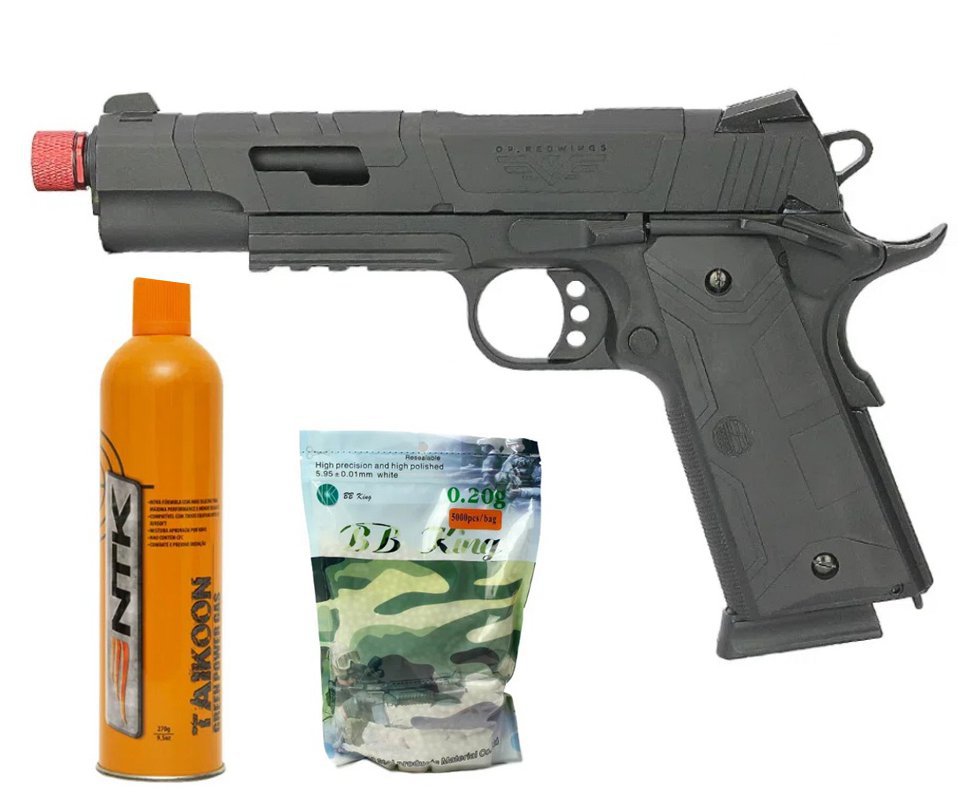 Pistola De Airsoft Gbb Redwings 1911 Blowback Neptune Rossi Cal 6mm + Cilindro Green Gas + bbs