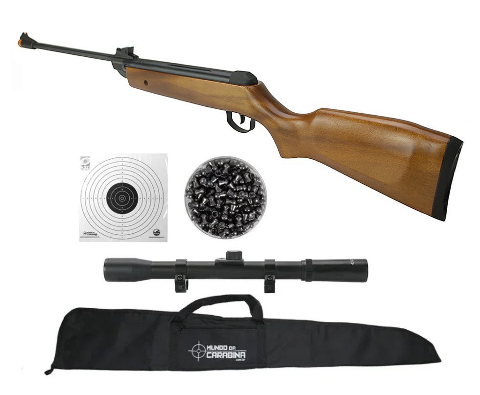 Carabina De Pressão Qgk 14 Madeira 5,5mm + Luneta 4x20 + Chumbinho + Capa + Alvo
