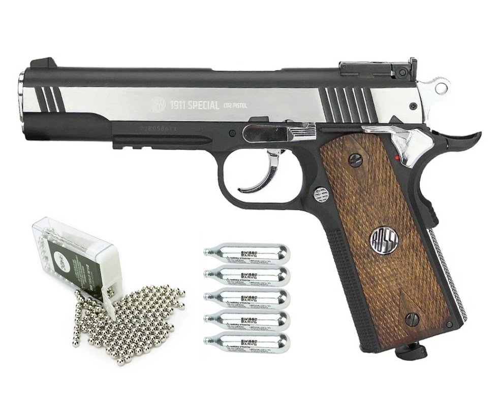 Pistola de Pressão CO2 Colt 1911 Special 4,5mm Rossi Wing Gun + Esferas de Aço + Co2