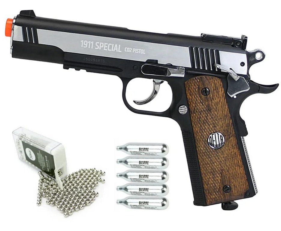 Pistola de Pressão CO2 Colt 1911 Special 4,5mm Rossi Wing Gun + Esferas de Aço + Co2