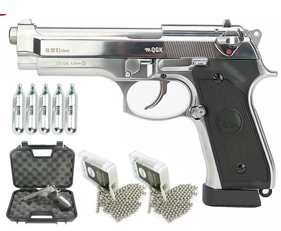 Pistola de Pressão Gás CO2 KL92 M92 Silver Blowback Full Metal 4,5mm QGK + Esferas de Aço + Cilindro Co2